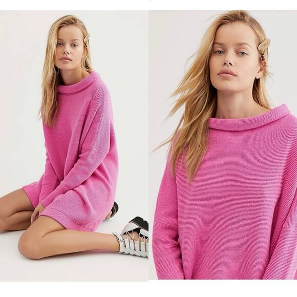 Free People Ottoman Sweater Slouchy Ribbed Tunic Electric Pink Size XS Festival - Picture 1 of 13